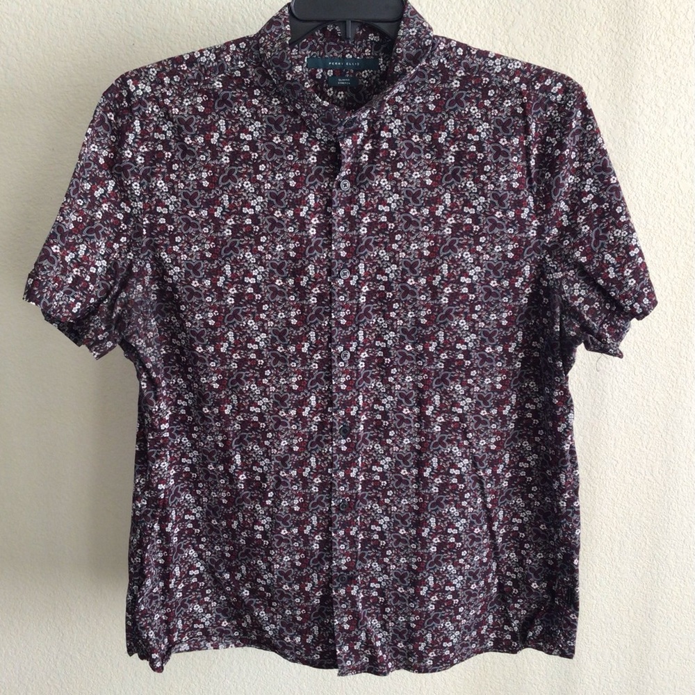 M017 Perry Ellis Burgundy Floral Men's Shirt